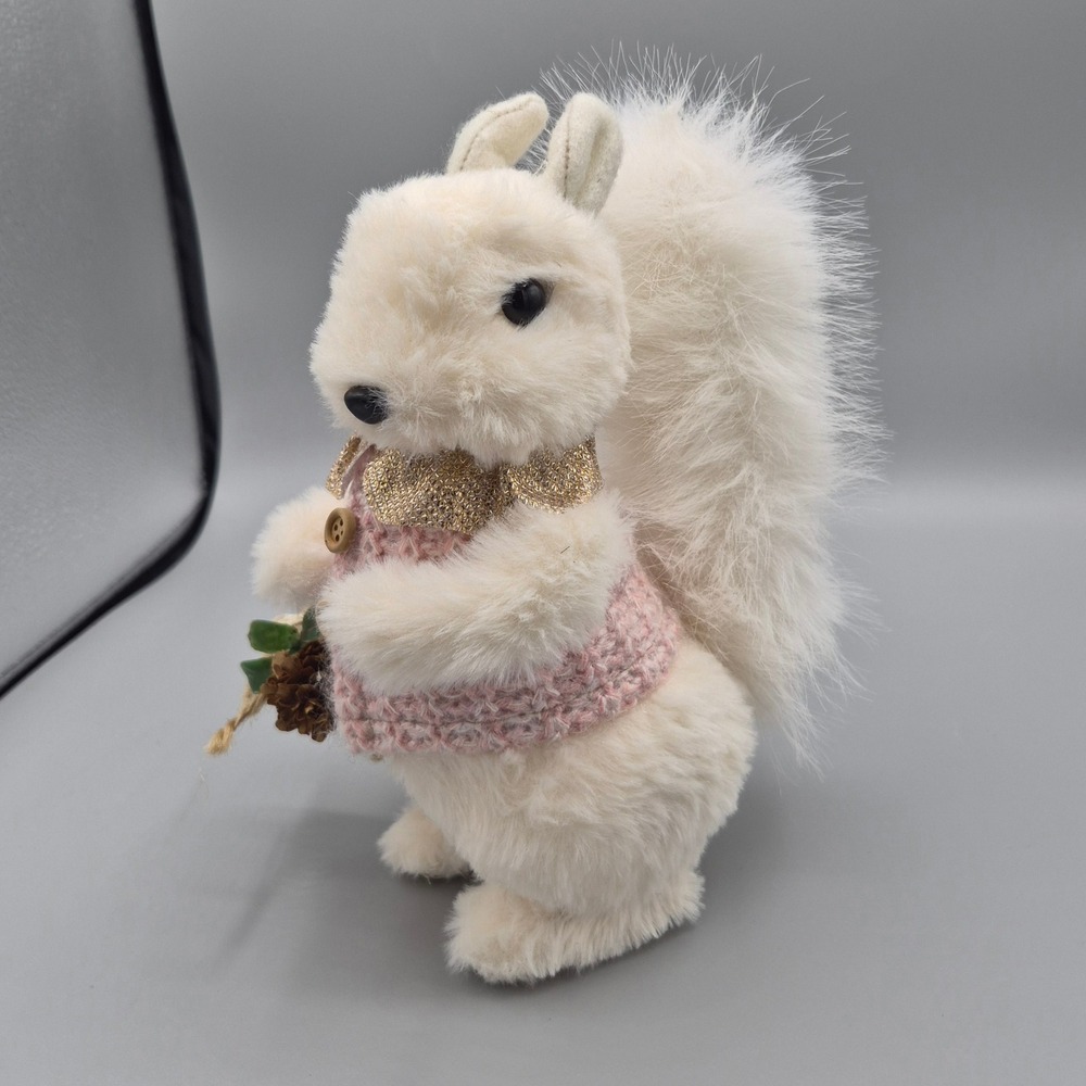 White Squirrel Figurine Pink‎ Knit Sweater Gold Collar Holiday Decor